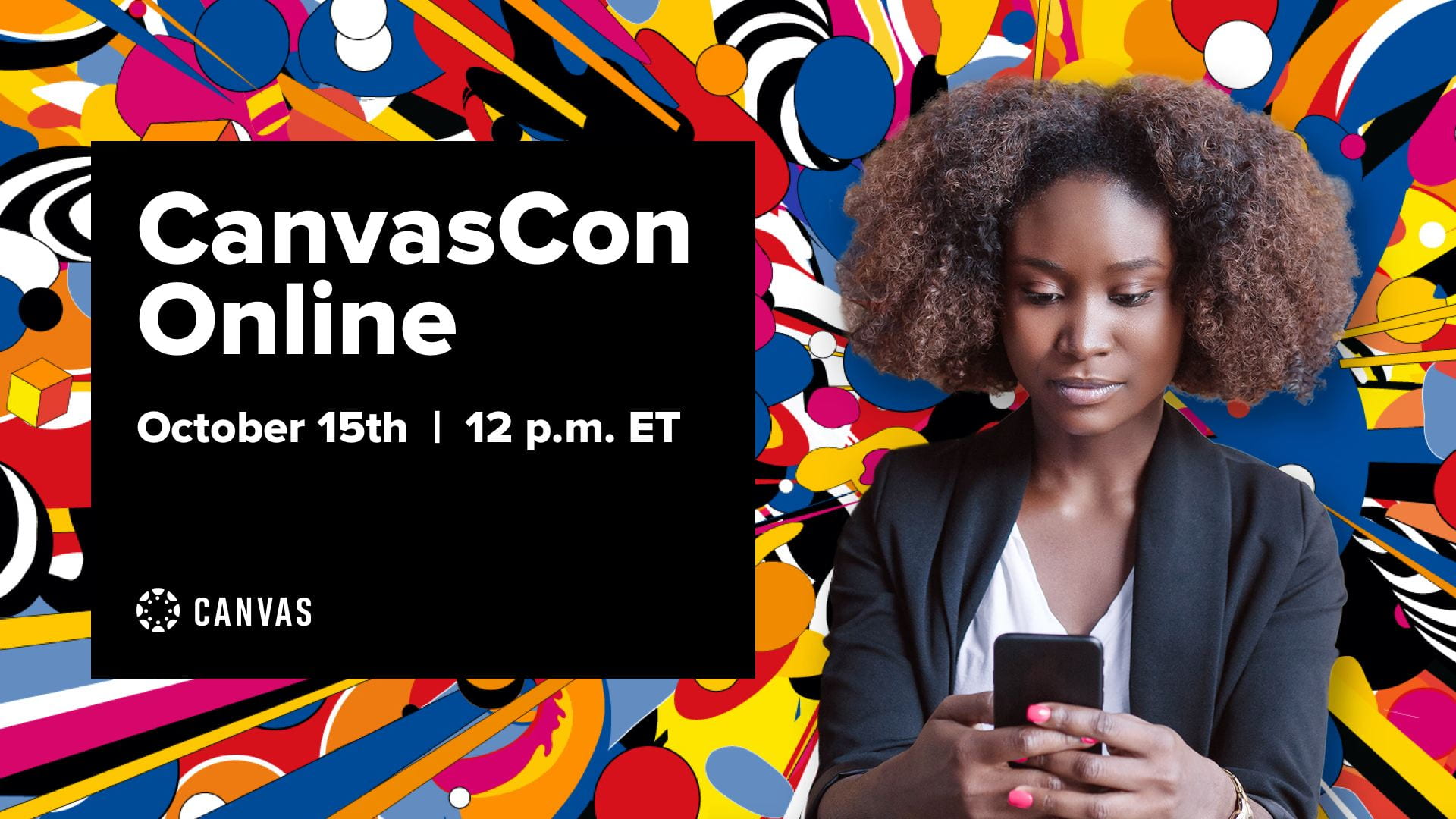 Banner showing CanvasCon, text on images says CanvasCon Online, October 15th at 12pm E.T